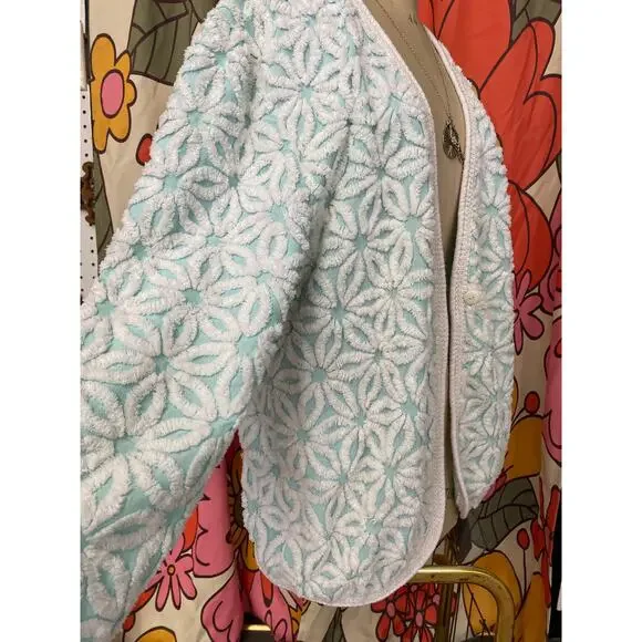 1980s chenille jacket aqua and white daisy m/l fuzzy boxy blanket 36 to bust 80s - Picture 4 of 10
